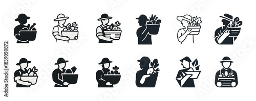 Set of icons depicting farmers holding fresh produce