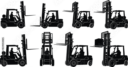 Forklift trucks with drivers, industrial equipment silhouettes, warehouse loading machines, logistics transportation, cargo lifting vehicle, distribution operation illustration,