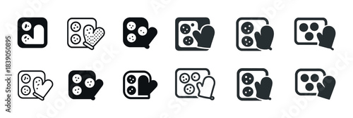 Black and white cookie baking icons with oven mitts in various styles