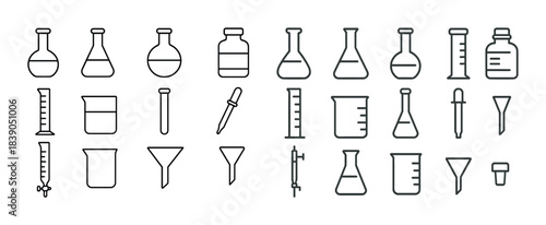 Collection of laboratory glassware icons featuring beakers and flasks