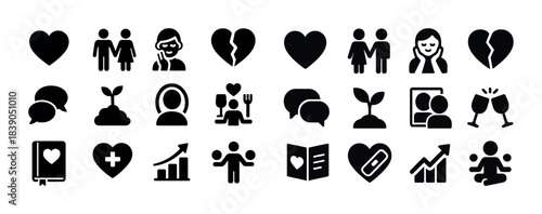 Heart, relationship, communication, growth, health icon set