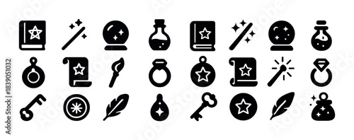 Magic icons: potions, spells, stars, wands, keys in black