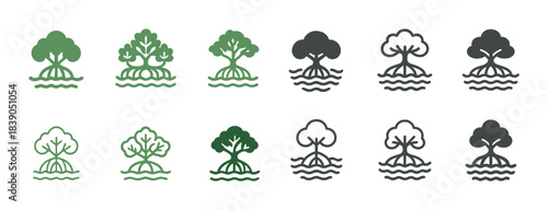 Collection of mangrove tree icons in green and black variants