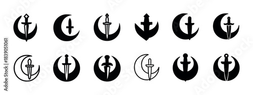 Set of black sword and crescent moon icons featuring various combinations