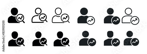 Icon set of user profiles with growth charts in various styles