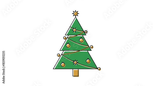 Charming stylized green Christmas tree decorated with golden ornaments and festive star topper ready for holiday design