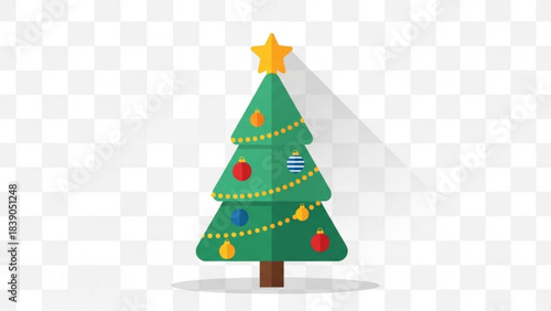 Stunning flat design Christmas tree perfectly decorated with bright ornaments and a golden star topper for holiday projects