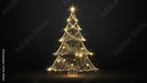 Stunning golden wireframe Christmas tree design sparkling brightly on a dark elegant background for holiday greetings