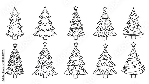 Charming collection of ten unique hand drawn Christmas tree outlines perfect for holiday crafting and coloring projects