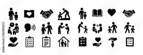 Family and communication icons: parenting, interaction, and education symbols
