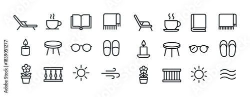 Cozy relaxation icons set featuring tea, candles, and comfort items