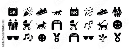 Icons of 5k event with family, pets, and celebrations