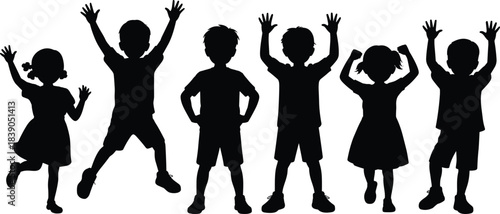 Group of diverse children silhouettes with raised arms