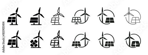 Wind turbine and solar panel icons for renewable energy designs
