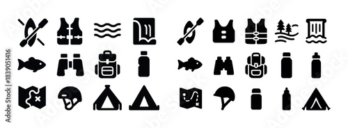 Outdoor adventure icons: kayaking, camping, hiking, exploration symbols