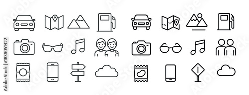 Icon set featuring travel, music, photography, and social symbols