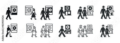 Minimalistic icon set of diverse couples and individuals in walking poses