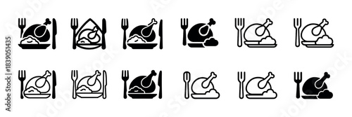 Set of black and white chicken and rice icons with utensils