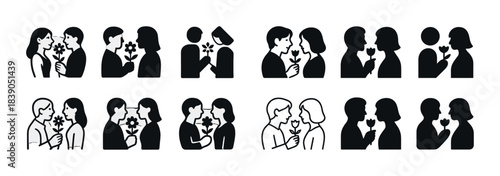 Silhouette couples exchange flowers in romantic gesture