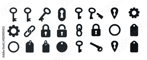 Set of vintage black silhouette keys locks and tags icons
