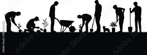 Silhouettes of people gardening planting and working with tools