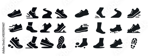 Silhouette icons of running shoes and feet in motion