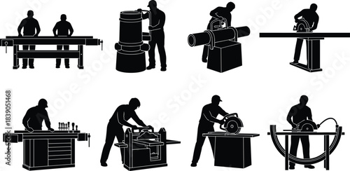 Industrial workers operating heavy machinery silhouette set, woodworking and metal cutting tools, manufacturing process, construction industry labor, vector illustration icons