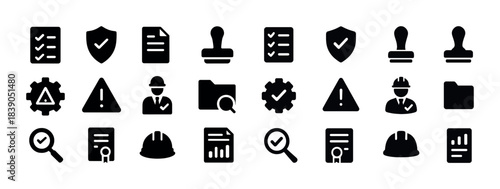 Black icon set: safety, documents, checklists, stamps, hard hats, and gears