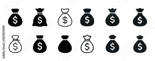 Variety of money bag icons with dollar signs in black and white