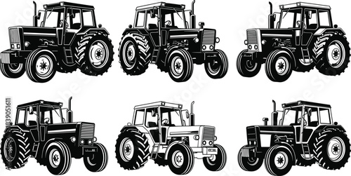 Large set of heavy industrial and transport vector silhouettes, construction machinery, farm tractor, crane, funicular, bulldozer, and excavator collection.