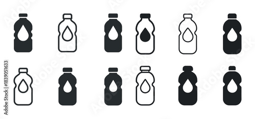 Set of black and white juice bottle icons with drop designs