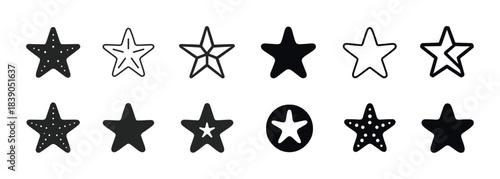 Set of diverse star icons in black and white on white background