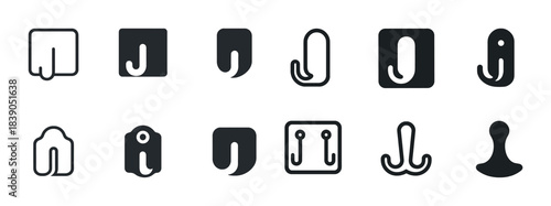 Set of various minimalist coat hook icons in black and white