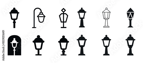Collection of retro street lamp silhouettes in various designs