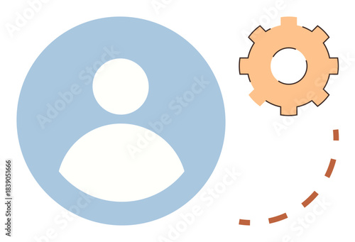 Circle-shaped profile icon alongside an orange gear with dotted curved line linking them. Ideal for user profile, settings, customization, account management, preferences, software setup, simple flat
