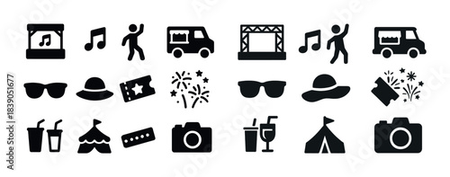 Music festival icons: food truck, stage, fireworks, tickets, camera, tent, music notes