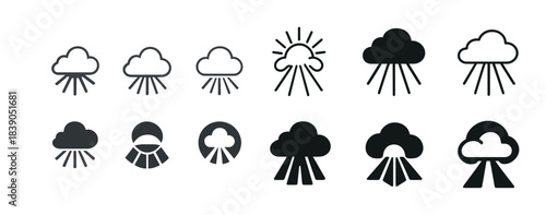 Weather icons set: cloud, rain, sun, and tree symbols