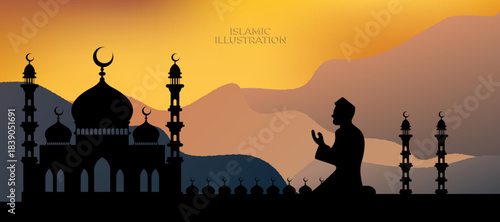 Muslim Man Praying at Sunset Silhouette with Mosque and Minarets in Abstract Landscape