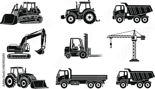 Massive vector silhouette collection of industrial, construction, agricultural, and commercial vehicles, including trucks, cranes, excavators, tractors,