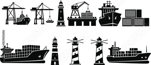 Maritime shipping vector icons collection, cargo ships, port cranes, lighthouse silhouettes, container logistics elements, ocean transportation symbols for global trade design
