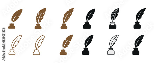 Set of quill and inkwell icons in brown and black variations