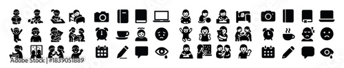 Simple black icons featuring people and objects in various activities
