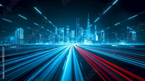 Motion light trails of blue and red lines leading toward illuminated futuristic city skyline at night