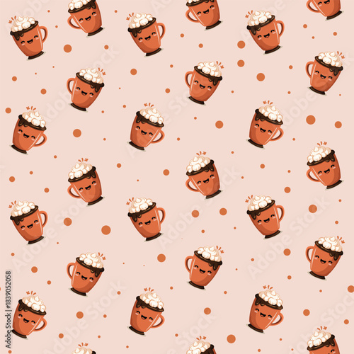 Seamless coffee cup pattern featuring sweet chocolate cupcakes and hearts in a cartoon vector illustration for festive textile decoration and wallpaper design
