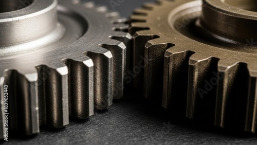 Close-up of two interlocking metal gears, mechanical engineering concept.