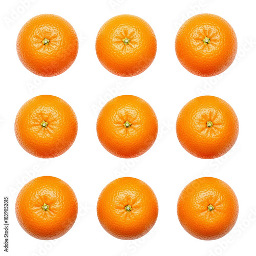 Fresh mandarin oranges arranged in a grid pattern on transparent background