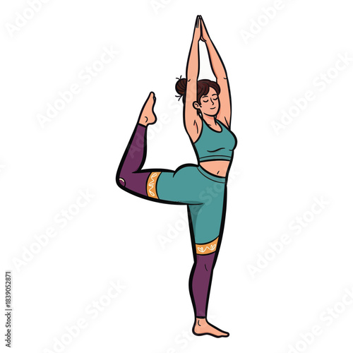 Woman performing yoga dancer pose with arms overhead and eyes closed isolated on transparent background isolated on white background