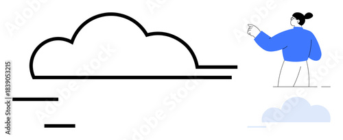 Cloud computing, digital storage, teamwork, communication, modern technology, innovation. Clean cloud icon with abstract figure pointing right. Cloud computing and digital storage