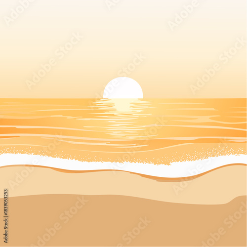 A serene beach scene at sunset with calm waves and gentle shore
