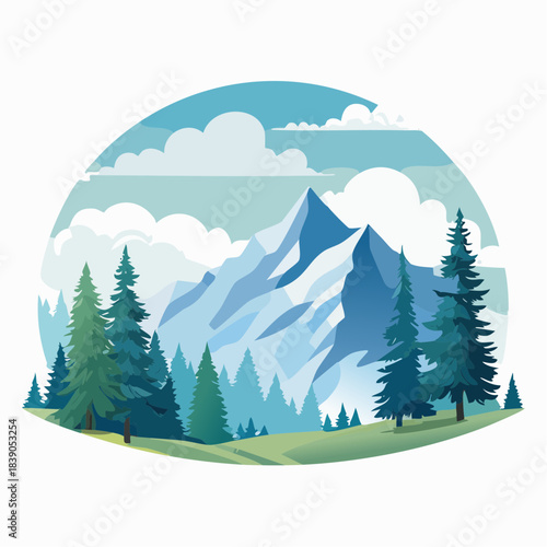 A serene mountain landscape with trees and clouds viewed from a distance